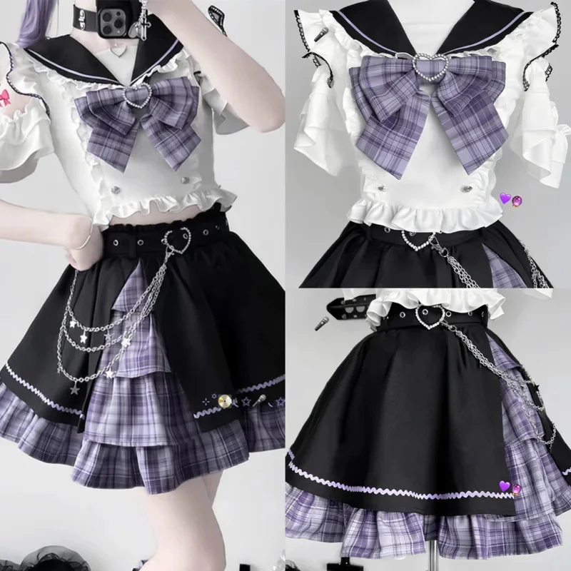

Y2K Bow Love Lolita Set Top Dresses Sweet Girl Preppy Style Jk Uniform Set Cute Kawaii Tops Plaid Splicing Skirt 2 Piece Set New