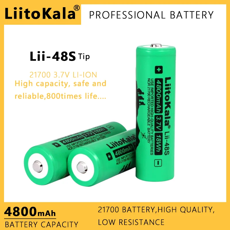 10PCS   LiitoKala Lii-48S  With TiP  3.7V 4800mAh 21700 Li-lon Rechargeable Battery 9.6A Power 2C Rate Discharge Ternary Lithium