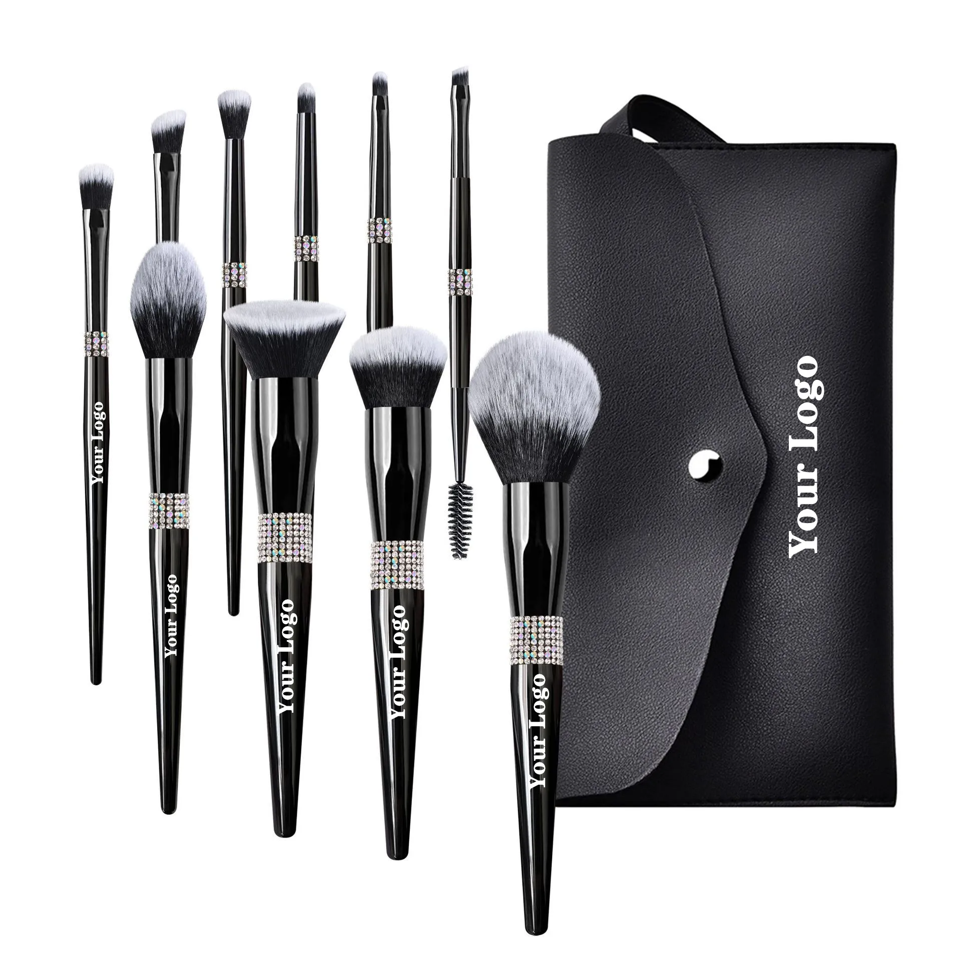 

Makeup Brush Set Wholesale Luxury Diamond Black Synthetic Hair Face Makeup Powder Foundation Blush Eye Brushes Custom Logo 8set