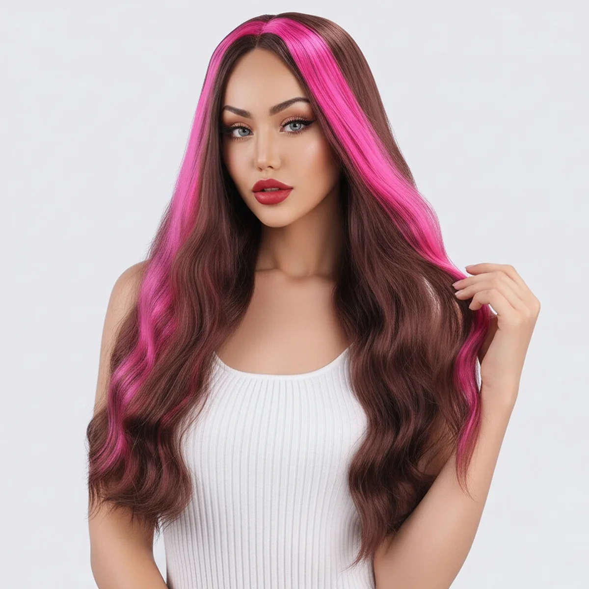 European and American popular women's long curly hair color blocked large wave curly wig full head cover-Synthetic fiber wig