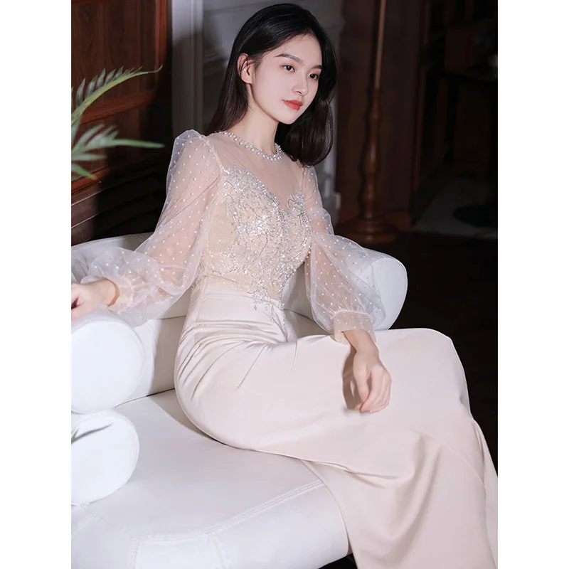 Elegant Champagne Formal Long Mermaid Evening Dress Luxury Women Exquisite Sequins Beads Prom Party Dresses