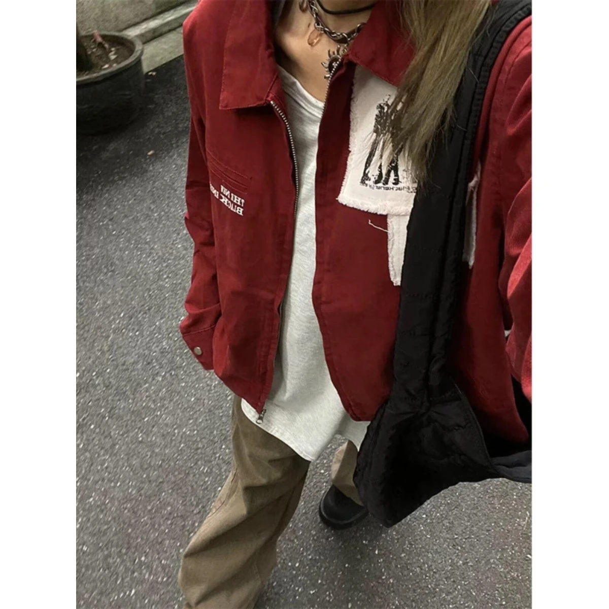 

Red Detroit Workwear Jaet Patched American Retro Hip Hop Outerwear for Couples Men's Women's High Street Sle Spring Autumn