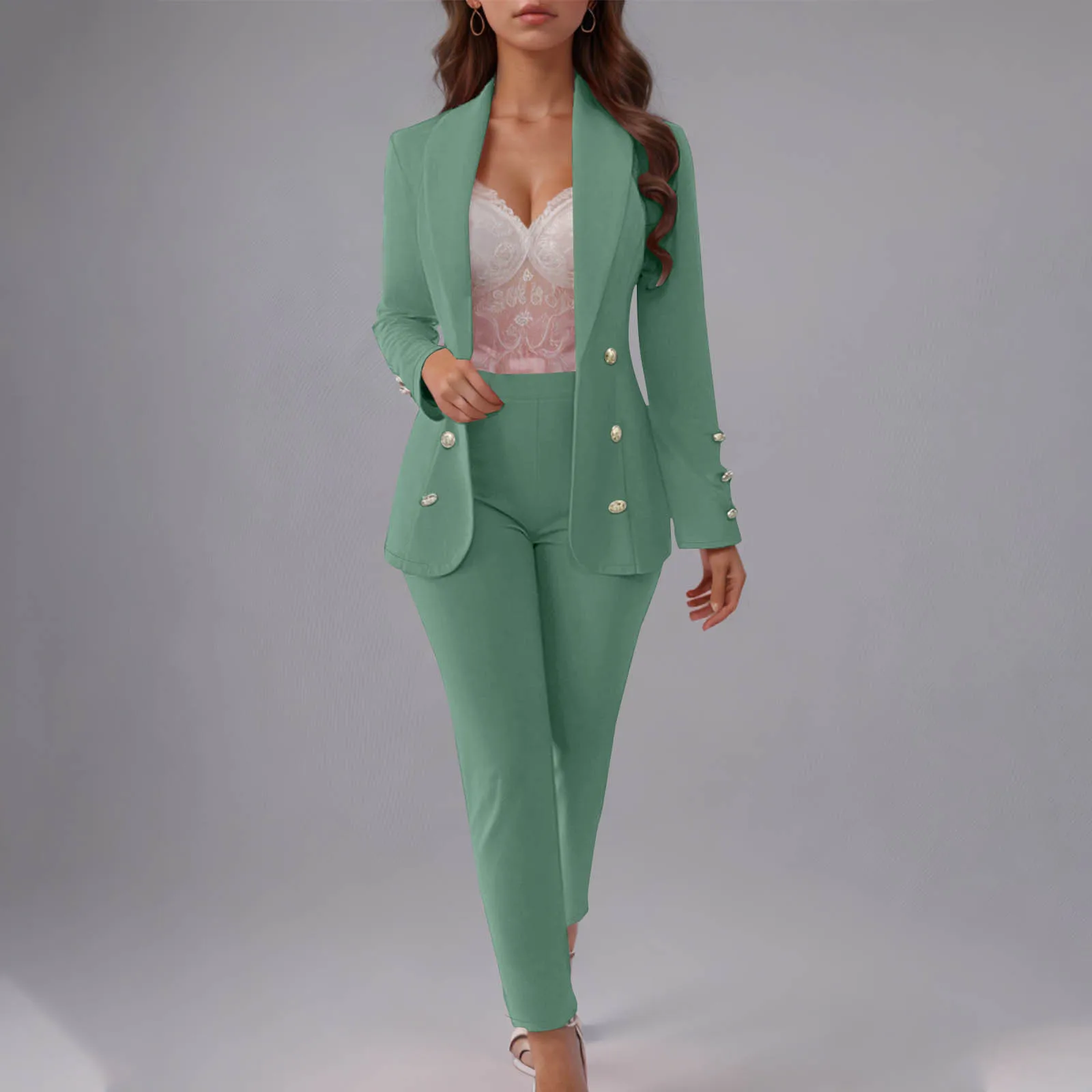 Abiti da donna Blazer solido Blazer doppiopetto Pantaloni dritti alla caviglia Set di pantaloni Due pezzi Capispalla da donna da ufficio