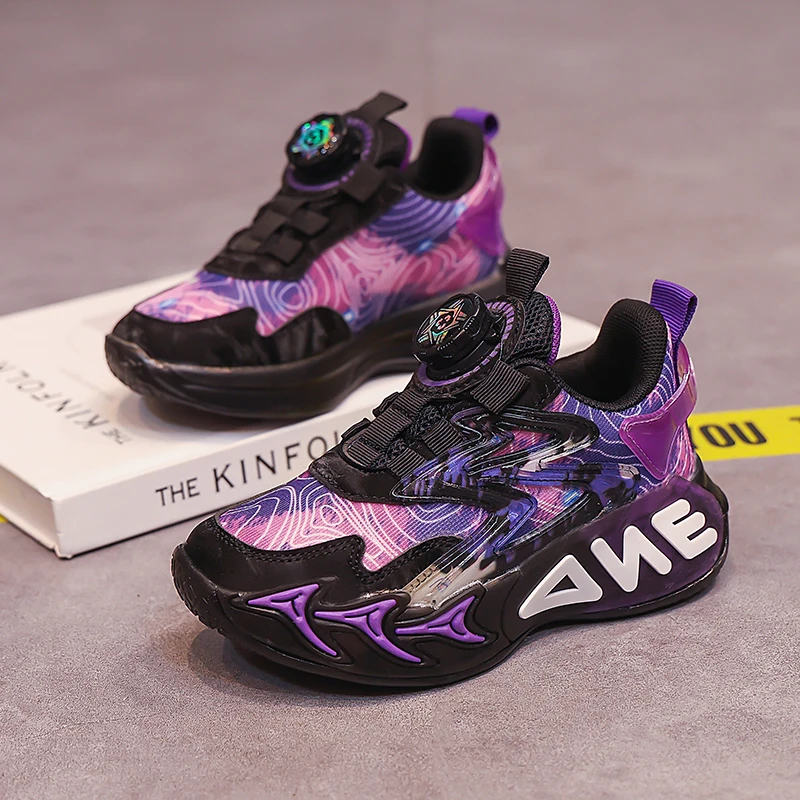 

Fashion Purple Children's Basketball Shoes Rotary Buckle Sports Shoes For Boys Trainers Outdoor Non-slip Platform Kids Sneakers