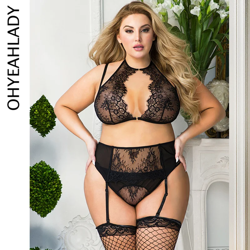 

Ohyeahlady Hollow Out Sexy Suspenders Lingerie Outfit Lace Sheer Women 3Pcs Underwear Plump Plus Size 5XL Garter Bra Panties Set