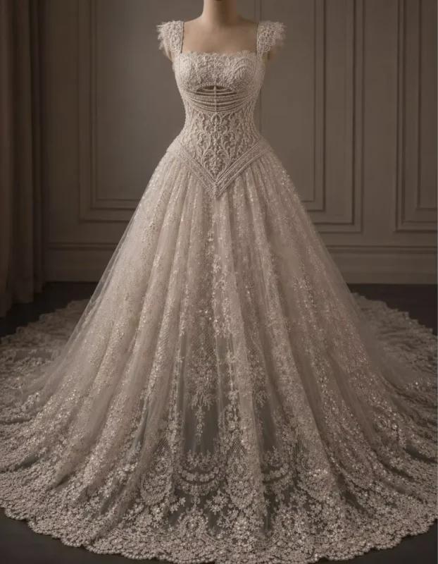 Charming Lace Wedding Dress Cap Sleeve Square Neck Sequin Tulle A Line Court Train Gown For Bridal Party Customized
