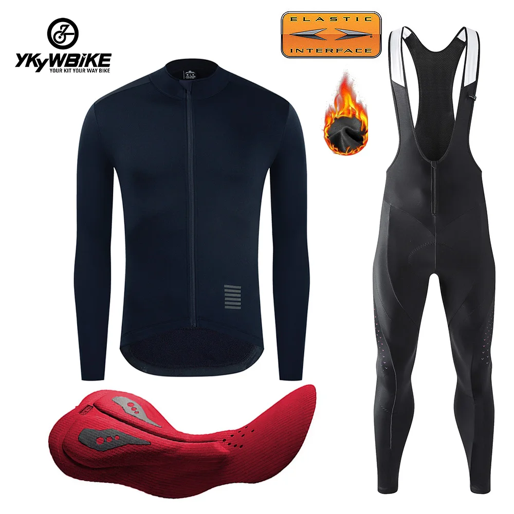 

YKYWBIKE Winter Cycling Men's Jersey Set Thermal Bib Pants Fleece Long Coat Riding Bicycle Sleeve Jacket Racing For Men Clothing