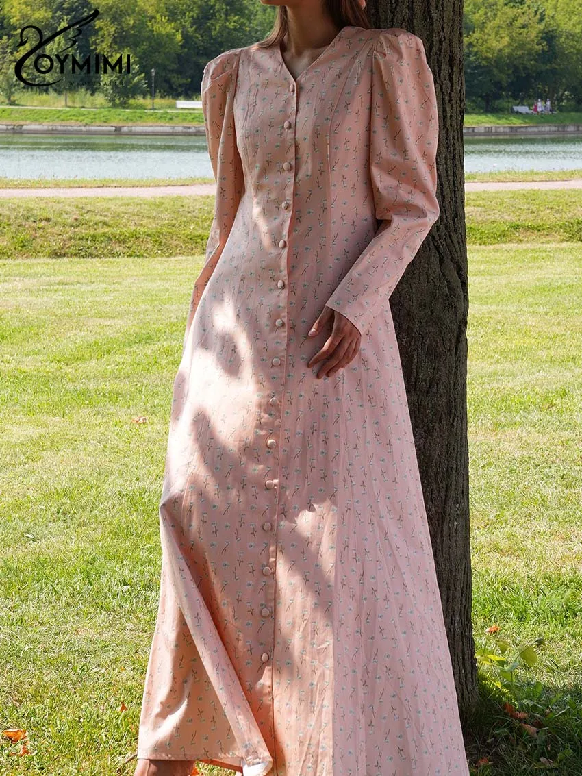 

Oymimi Women's Pink Ditsy Floral Linen Dress 2026 Spring Stand Collar Puff Sleeve Button-Front Maxi Dress Picnic Casual Outfit