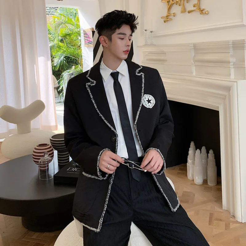WVGA Spring New Men Tide Lace Trim Korean Version Trendy Turn-Down Collar Blazer Niche Chic Casual Badge Suit Jackets Ins W19516