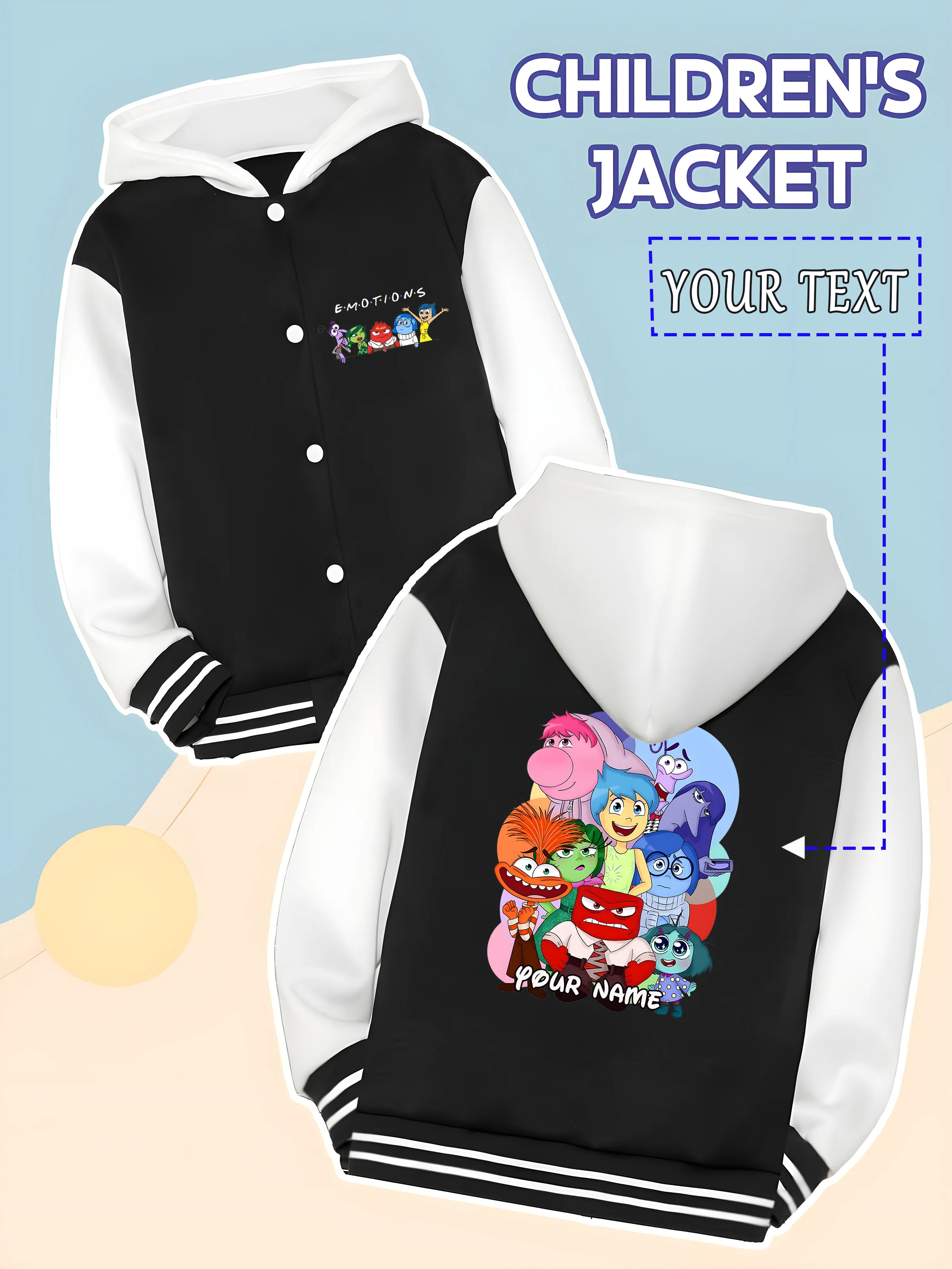 

MINISO Disney's "Inside Out" boys' baseball jacket - featuring a fun collection of emojis, customizable with "YOUR NAME." This b