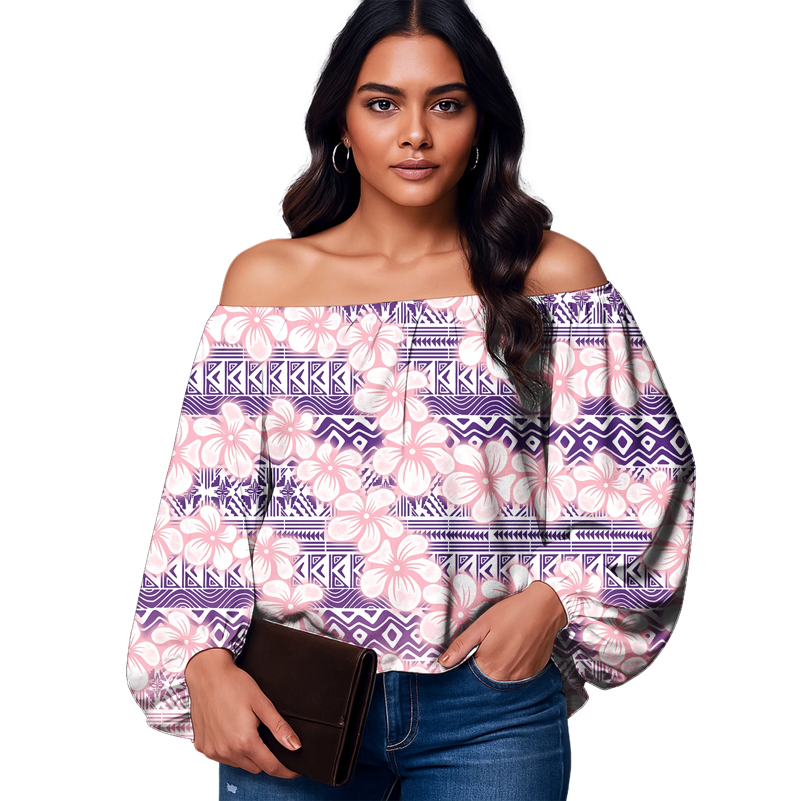 เสื้อผ้าผู้หญิงลายดอกไม้ฮาวายคุณภาพสูง ออกแบบลำลองสไตล์ซามัว แขนพองแบบโพลินีเซียน เสื้อผู้หญิง