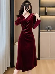 Women Red Velvet Luxury Party Evening Dress Autumn Winter Long Sleeve Thick Warm Long Dress 2024 Korean Elegant Bodycon Vestidos