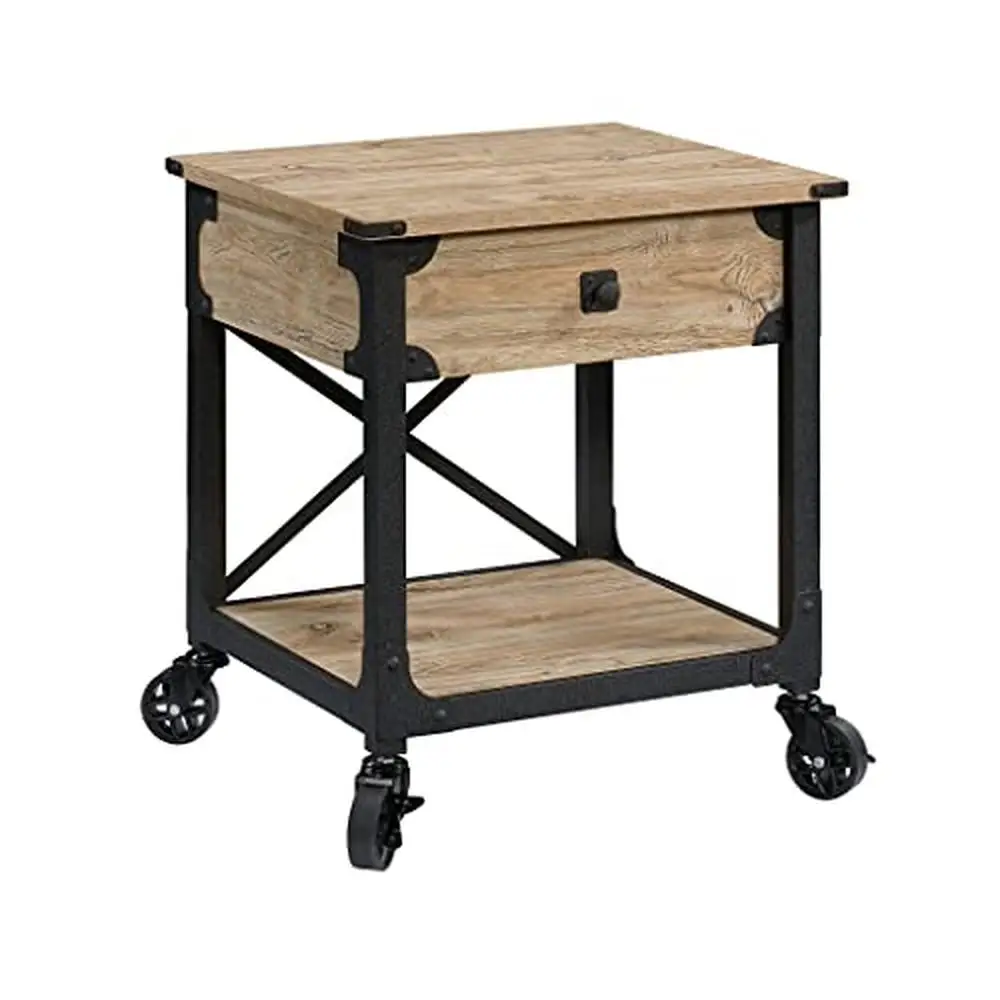 

Steel River Side Table with Drawer and Open Shelf Storage 22.44" x 21.65" x 23.11" Milled Mesquite Finish Metal Frame Casters