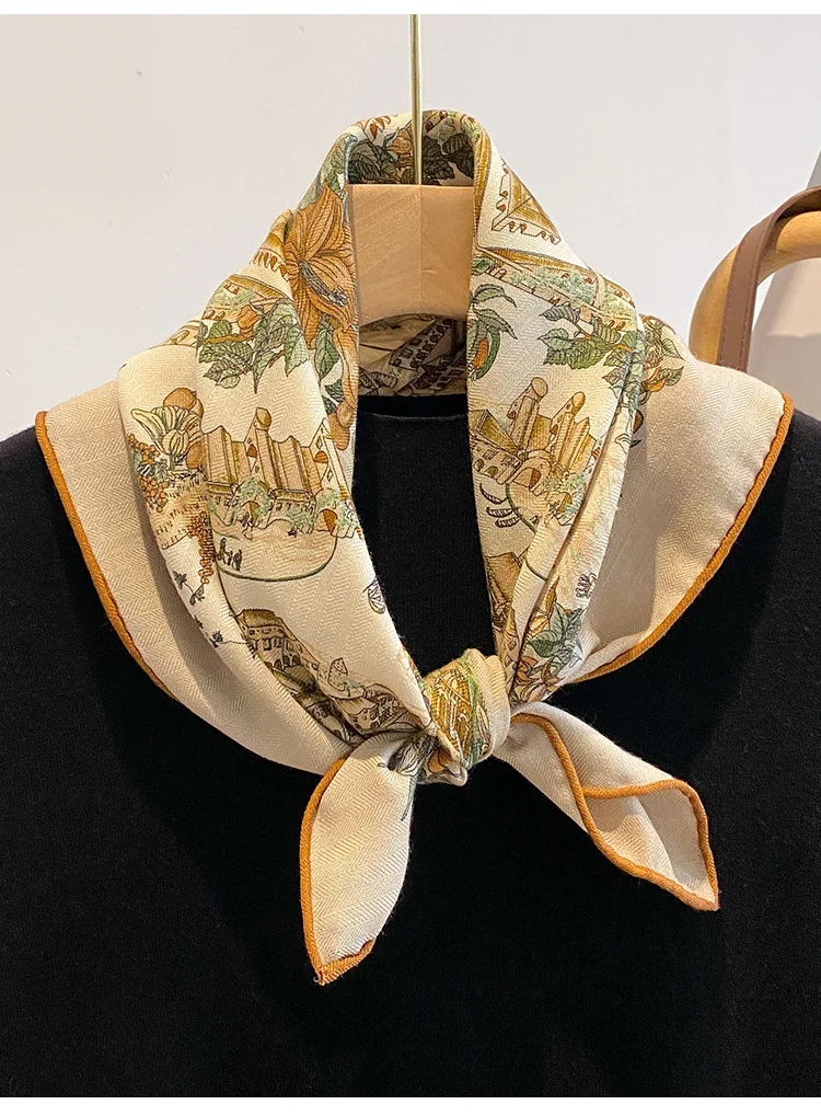 

Luxury Brand 70% Wool 30% Silk Scarf for Women Warm Neck Warmer Vintage Elegant Floral Print Scarves Ladies Muffler