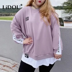 Lente Herfst Nieuwe Koreaanse Mode Twee Valse Stukken Plus Size Sweatshirt Vrouwen Brief Patchwork Casual Lady Tops Oversized Kleding