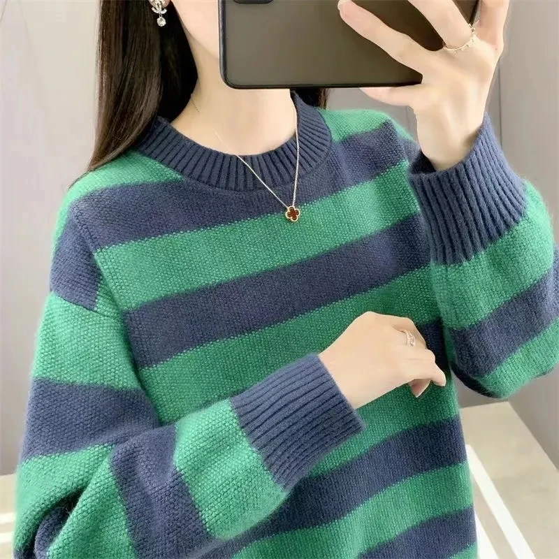 

2023 Autumn/Winter Striped Sweater Women's Loose Knitted Bottom Top Warm Thicken Fashion Female Elastic Knitt Pullover Sweaters