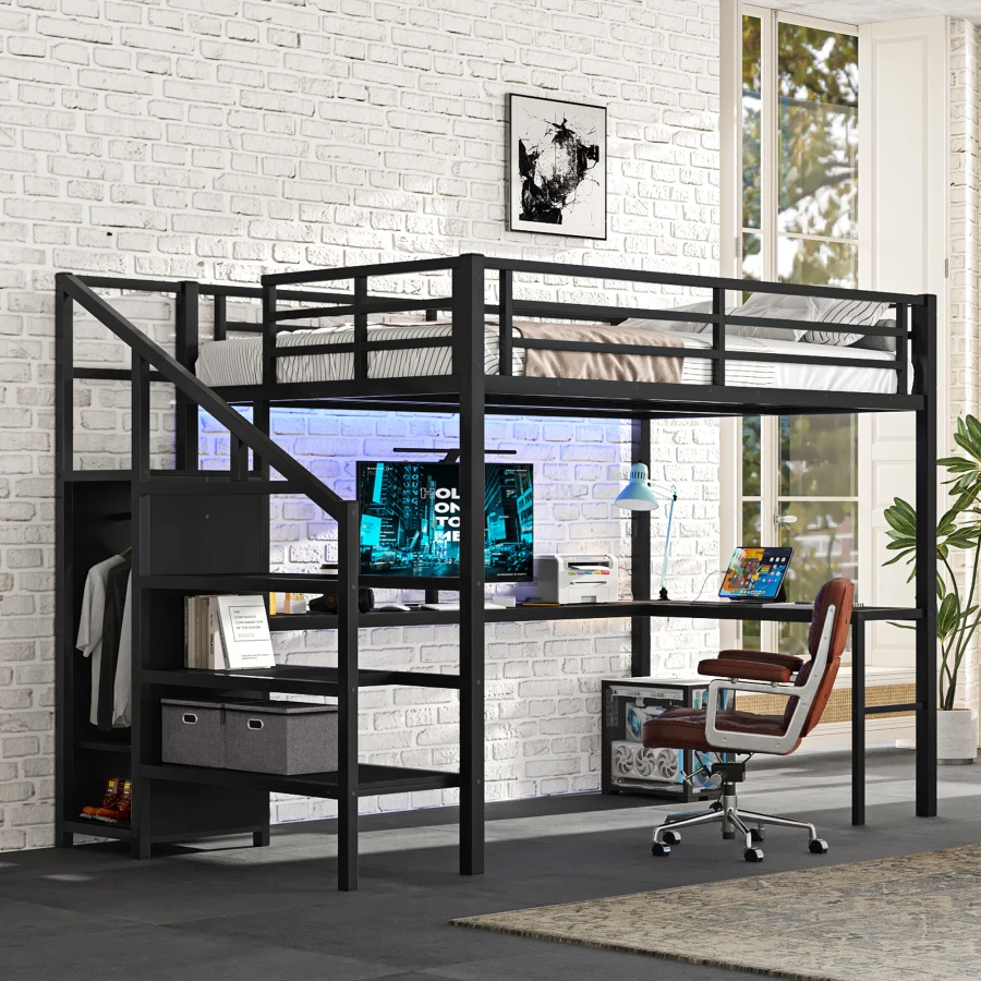 Full Size Loft Bed with L-shaped Desk and USB, Metal Loft Bed with Wardrobe and Adjustable Shelf, High Loft Bed with LED for Te