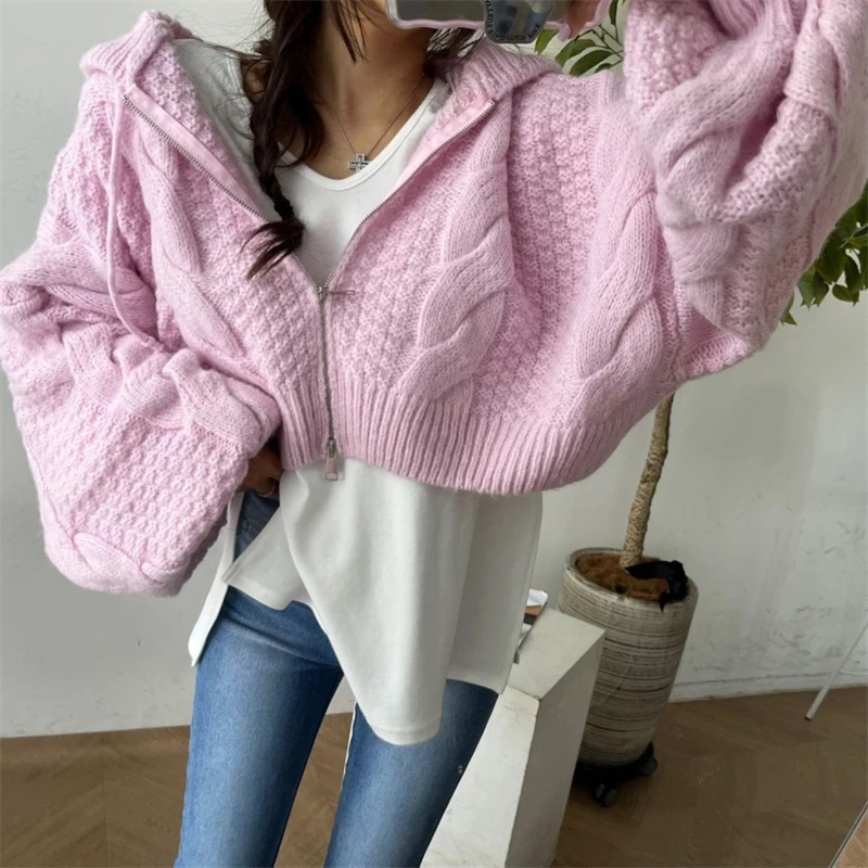 韓国 INS アンチエイジングフード付きジッパーセータージャケット女性ルーズバットウィングショートニットオープンカーディガンアウター