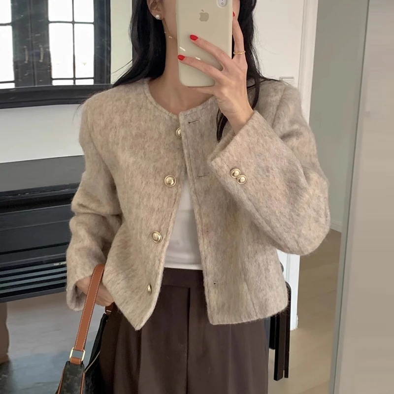 Retro Temperament O Neck Jackets 2024 Autumn Korean Chic Metal Buttons All-match Short Tops Long Sleeve Woolen Coat Woman