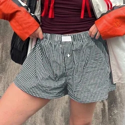 Women’s Plaids Shorts Casual Elastic Low Waist Button Front Lounge Shorts Streetwear Retro Soft Loose Flared Short Pants