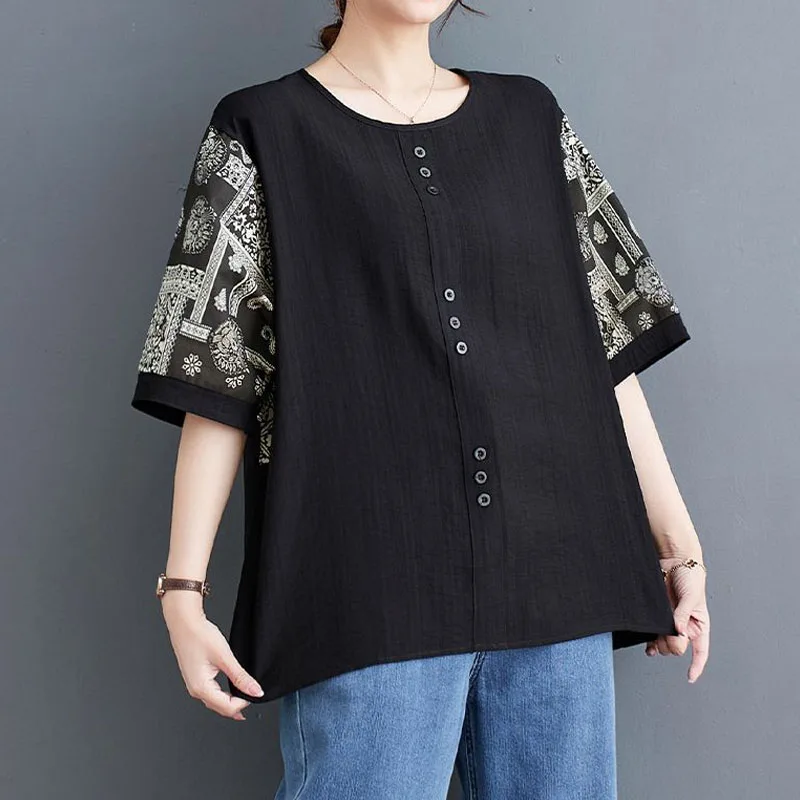 2023 Summer Casual Fashion Printed Half Sleeve T-shirt Round Neck Women\'s Clothing Vintage Loose Button Spliced Tops for Female