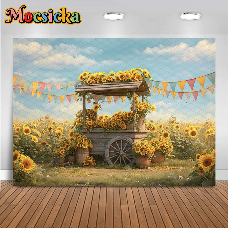 Mocsicka Farm Sunflower Flower Cart Photo Backdrop Sunflower Field Decors Kids Birthday Party Baby Shower Photography Background