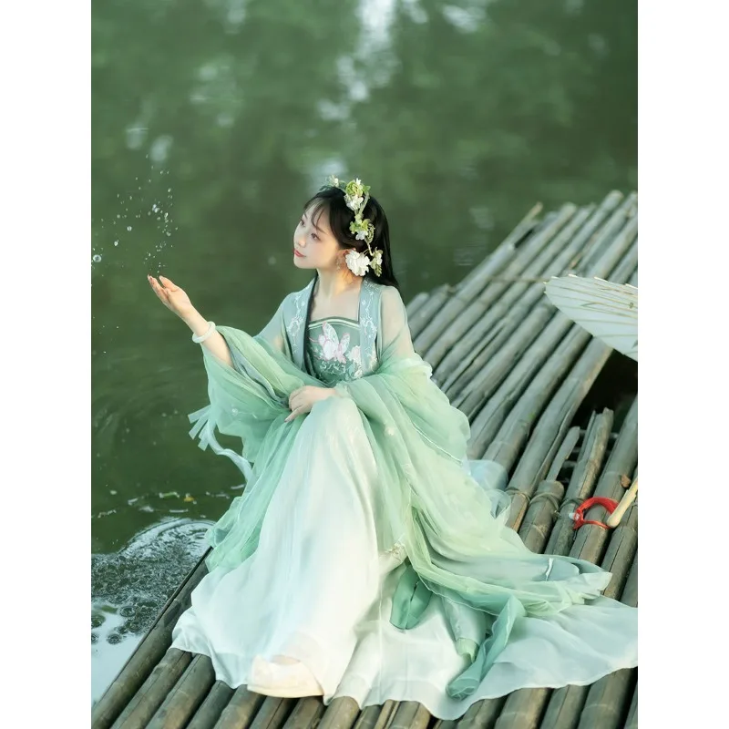 Hanfu fairy elegant antique Chinese style double-layer large-sleeved shirt waist-length full suit antique spring and autumn