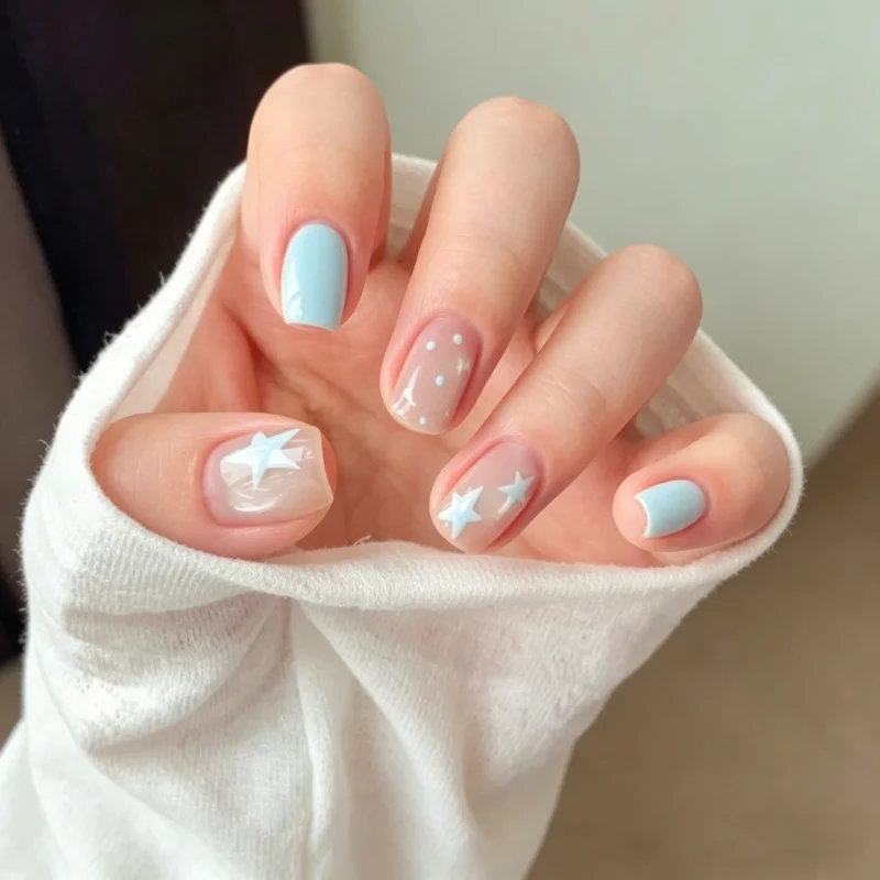 

30pcs False Nails Summer Light Blue Polka Dots Stars and Cat-Eye Design Press-On Nails Perfect As A Gift for Girls and Friends