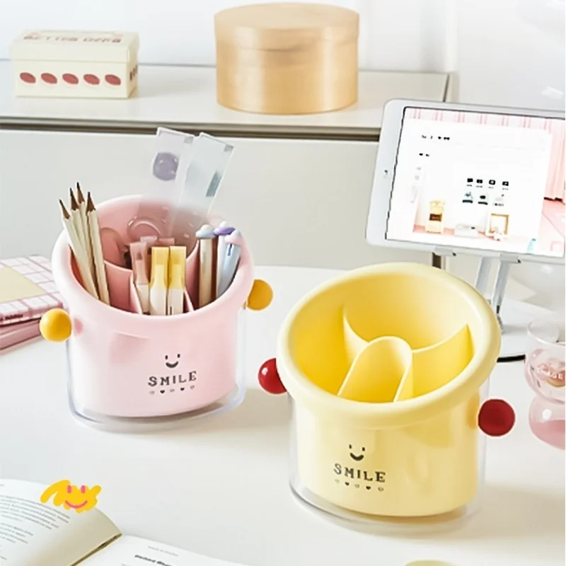Cute Smile Multi Compartment Pen Holder Tiered Divided Desk Organizer For Stationery Cosmetic Office Bathroom Storage