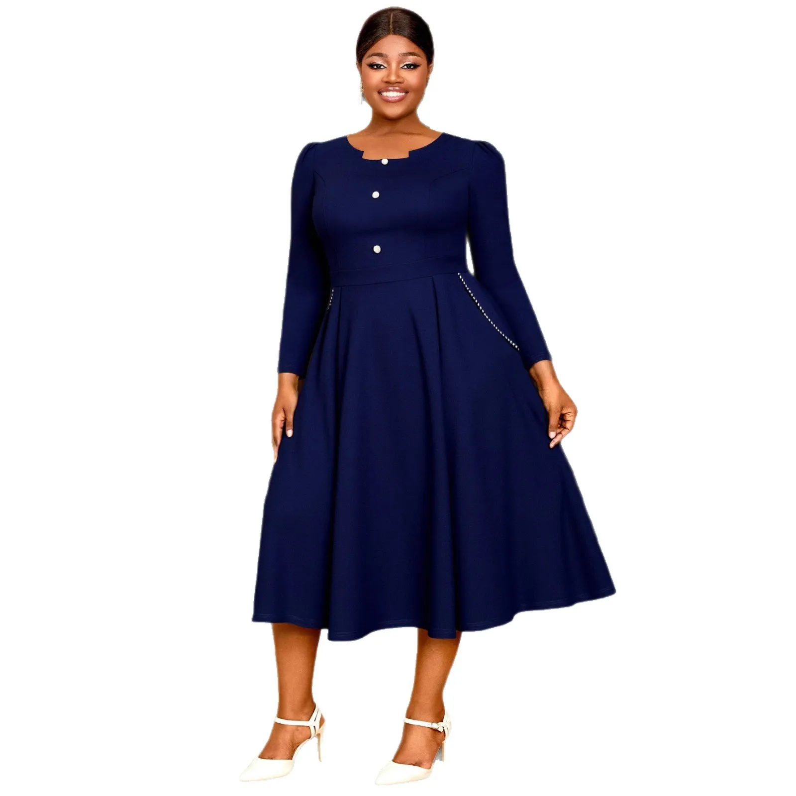 

L-4XL Plus Size African Dresses for Women Autumn Elegant Africa Long Sleeve Polyester Midi Dress Dashiki African Clothes Outfits