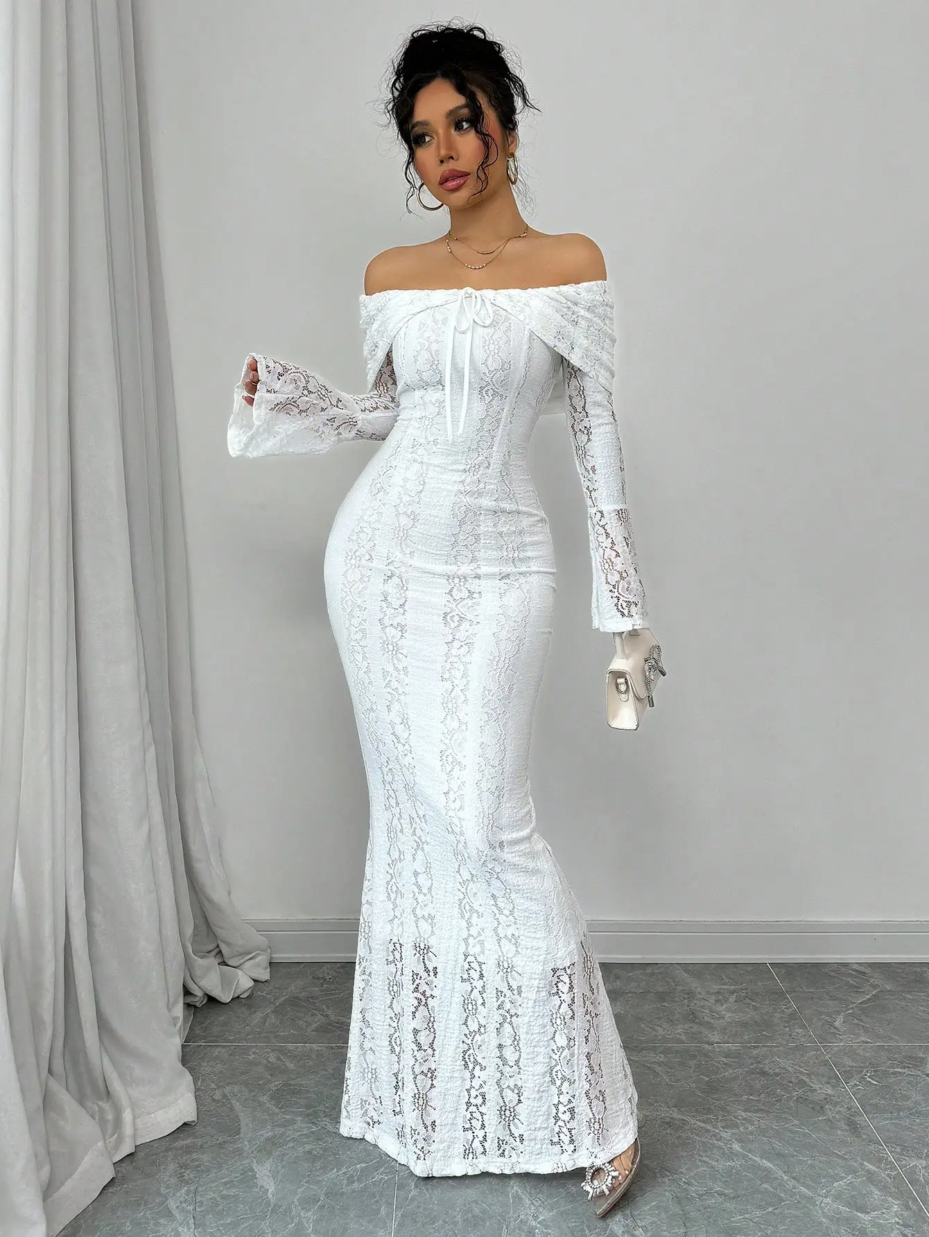 Vestido midi bodycon de renda branca fora do ombro, vestido maxi feminino, pano de outono para mulheres