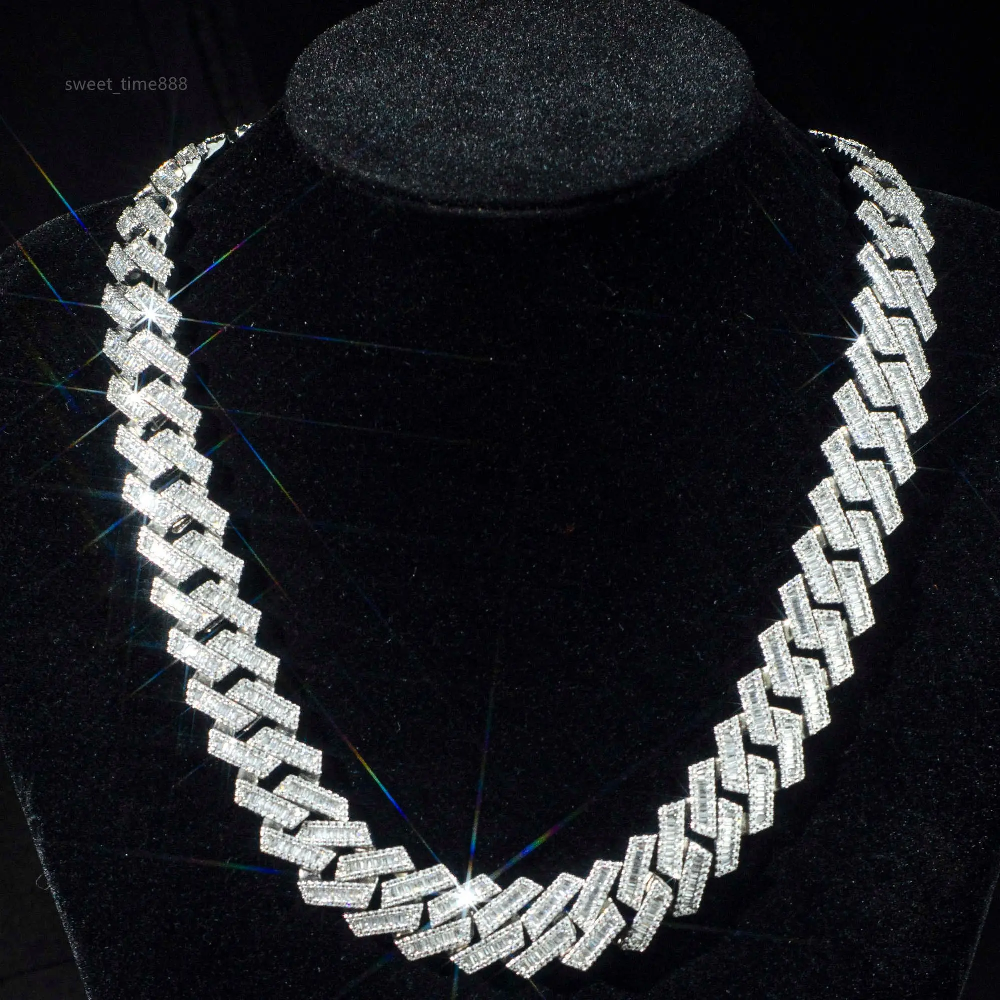 

15mm VVS Moissanite Cuban Link Chain Necklace Custom Iced Baguette Straight Line Cuban Chain Hip Hop 925 Silver Jewelry