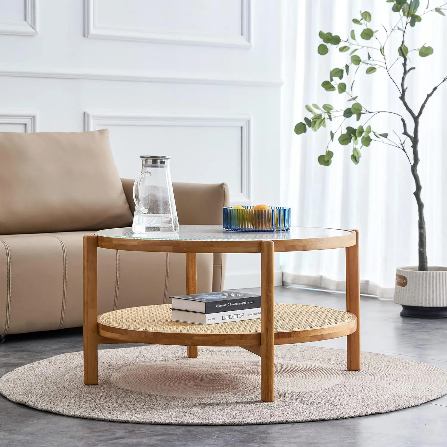 Coffee Table 35 In Modern Simple Circular Double Layer Solid Wood Tea Table Rattan Woven Side Table Small Round Table Suitable