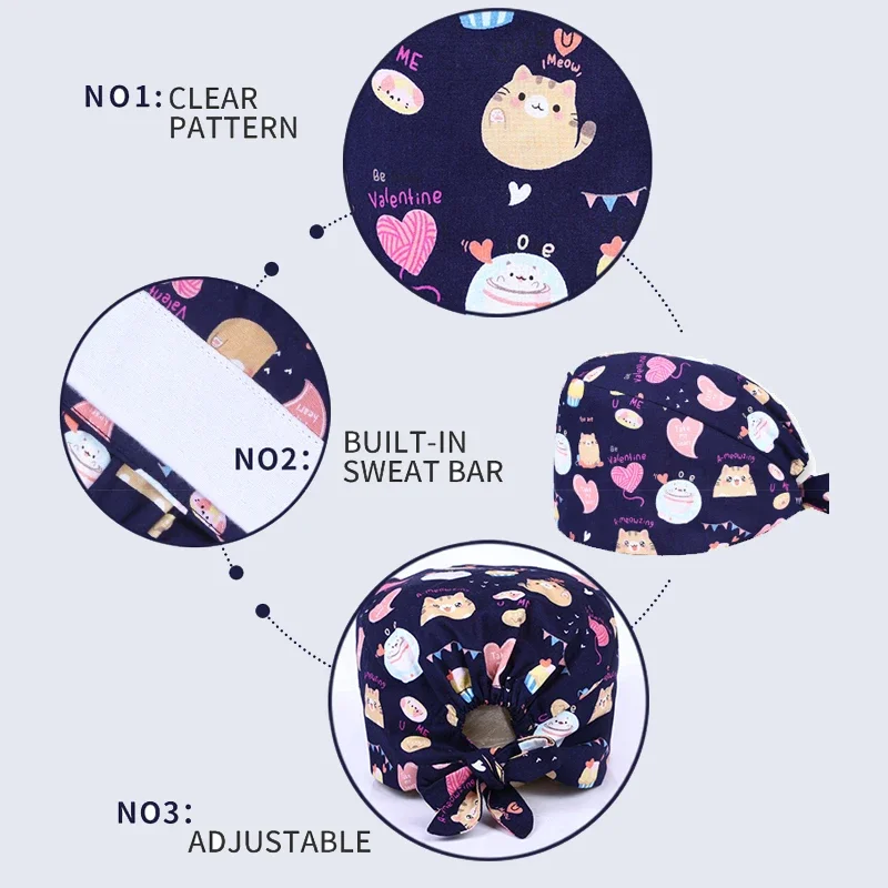 Women Men Head Scrub Caps 100% Cotton Soft Printed Surgical Hats for Dentist Chef Sanitary Dental Surgeons Working Nursing Cap