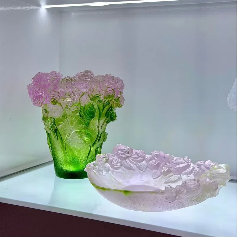 Vintage Glazed Ceramic Vase Home Decor Handmade Rose Pattern Fruit Plate Artistic Craft Custom Design Factory Direct Sale