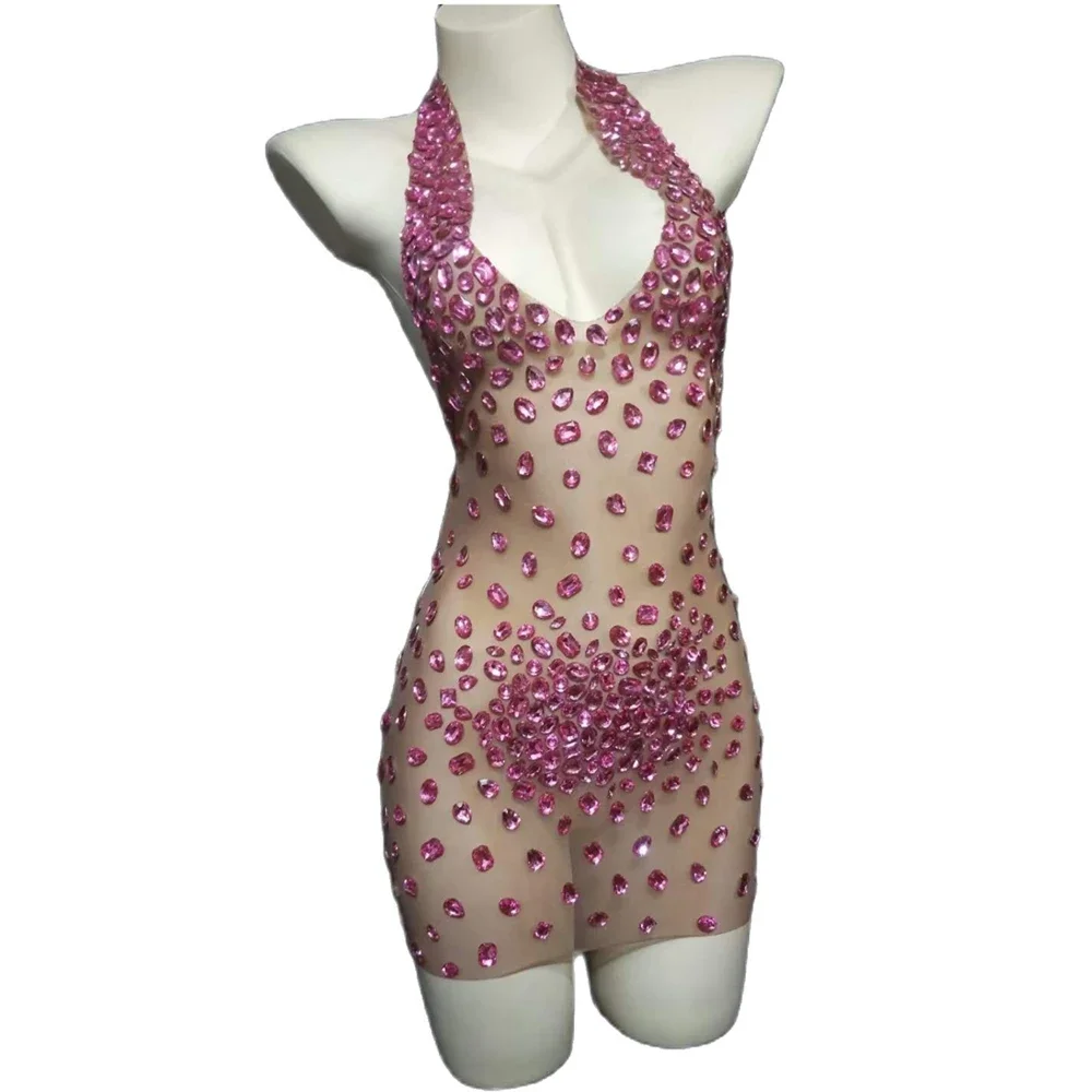 

See-through Sheath Dress Halter Backless Rhinestone Dress Women Crystal Party Nightclub DJ Outfit Dance Stage Show Costume