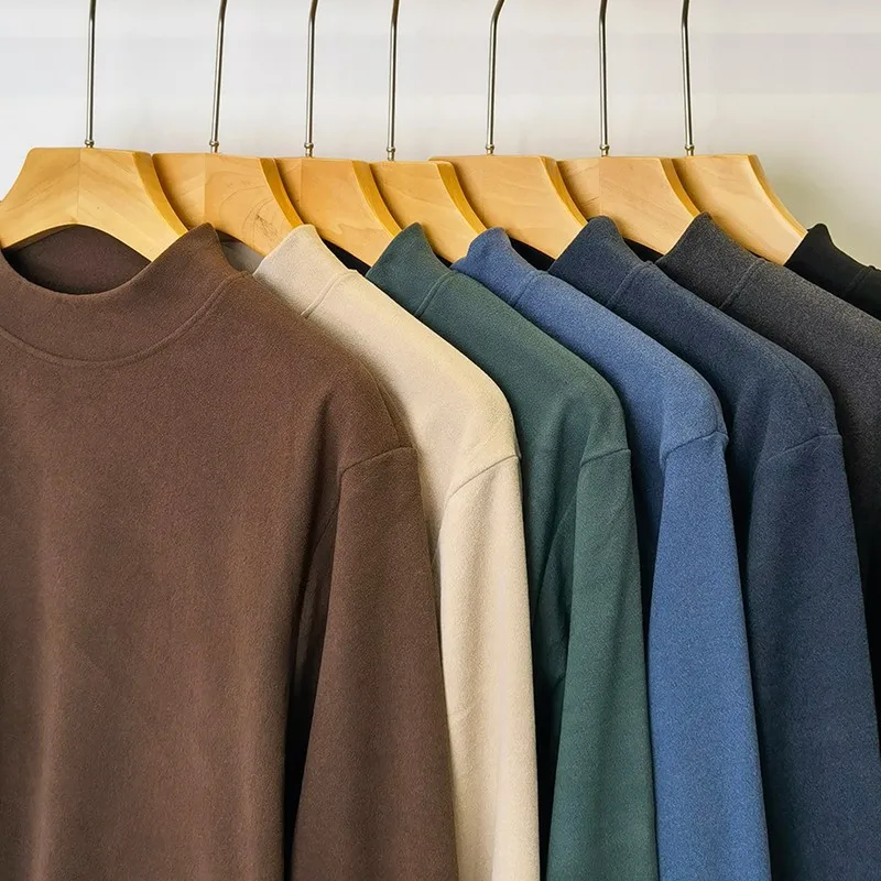 

1pcs Men Stand Neck Thermal T-shirts Man Solid Micro-fleece Lined Long Sleeves Tee Male Athletic Workout Base Layer Pullover Top