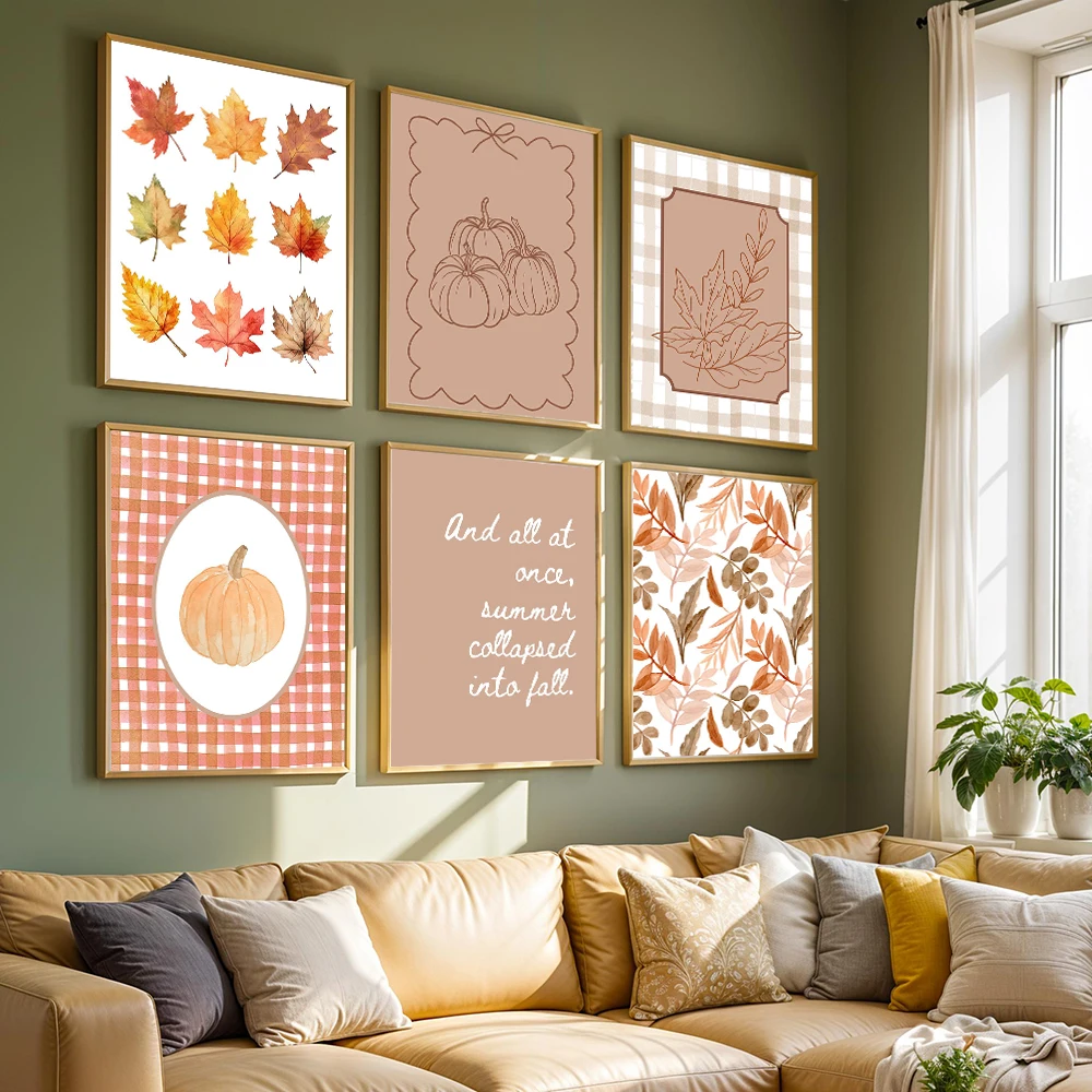 1pc Canvas Painting frameless Fall Wall Art Bundle  Autumn Prints Poster Pumpkin Leaves  Apple Gingham Decor Cozy October & Fall