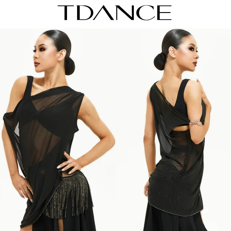 

Индивидуальный женский танцевальный костюм TDANCE для латиноамериканских и стандартных танцев, сетчатый топ с диагональным вырезом на плече и металлической пряжкой, для внешнего ношения, GL-190