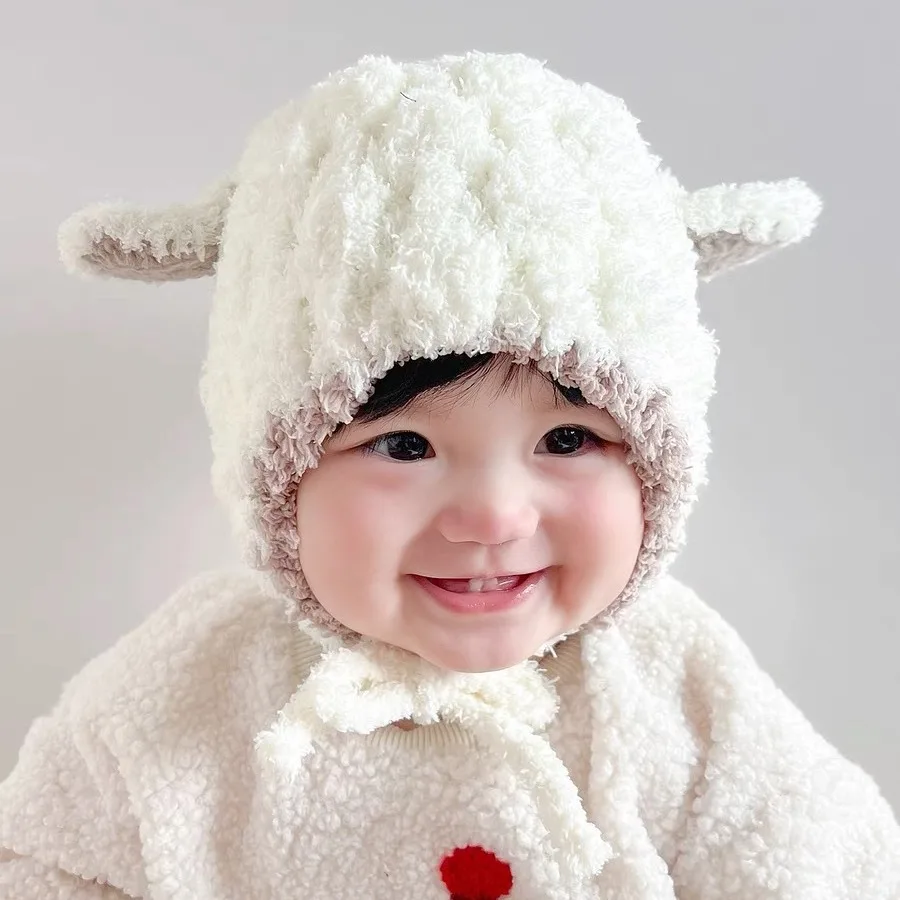 Cute lamb baby winter hats Children\'s warm ear caps furry hats Boys and girls pullovers baby warm hats