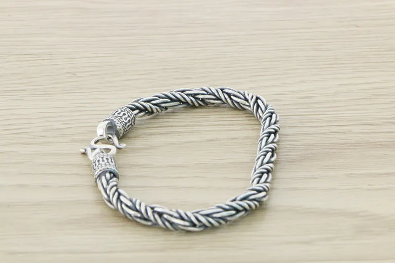 Pure Handmade S925 Silver Bracelet Men's Sterling Silver Aggressive Heavy Vintage Woven Fried Dough Twists Creative Fashion Men'