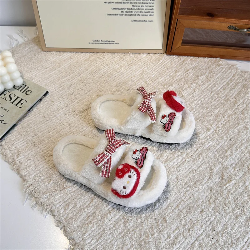 أطفال النعال أحذية منزلية الكرتون مرحبا كيتي المفتوحة تو أحذية الشتاء للفتيات الدافئة المضادة للانزلاق الدافئة البيج حذاء أسود حجم 26-37 #6