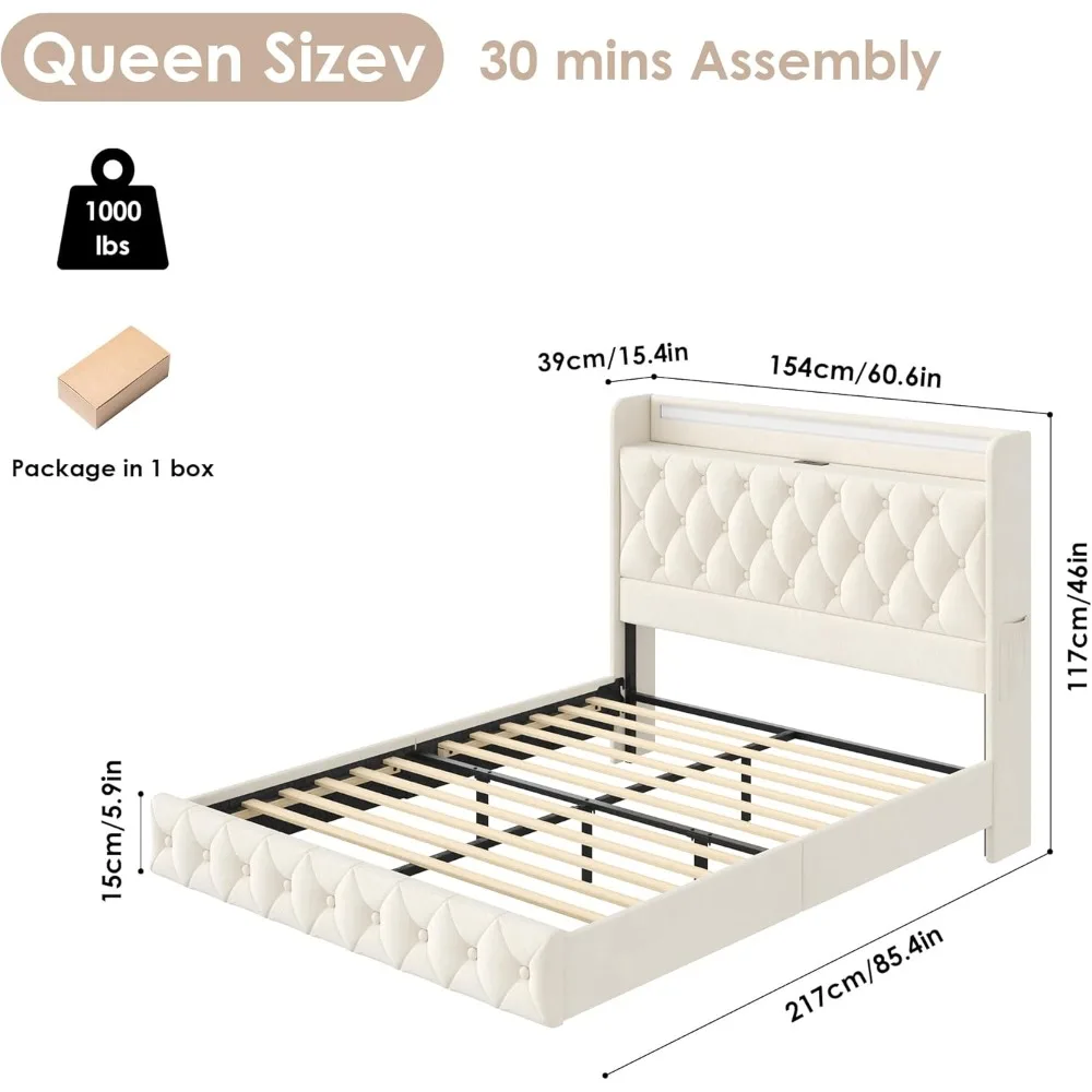 Floating Bed Frame Queen Size Platform with LED Lights, USB Charging Station Headboard Modern Upholstered Velvet Fabric Bed image 2