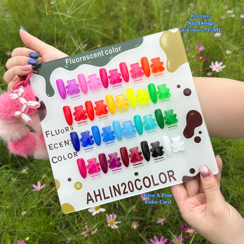 Conjunto de Esmalte em Gel Neon Brilhante com 20 Cores, Kit de Gel UV Fluorescente Sólido, Formato de Urso, para Arte de Unhas e Manicure