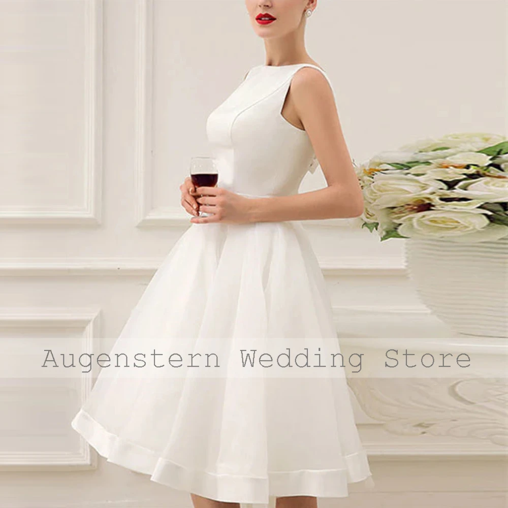 매력적인 웨딩 파티 드레스 새틴 A라인 시빌 웨딩 드레스 아이보리 보트넥 오간자 리본 주름 장식 2025 신부 드레스 여성용