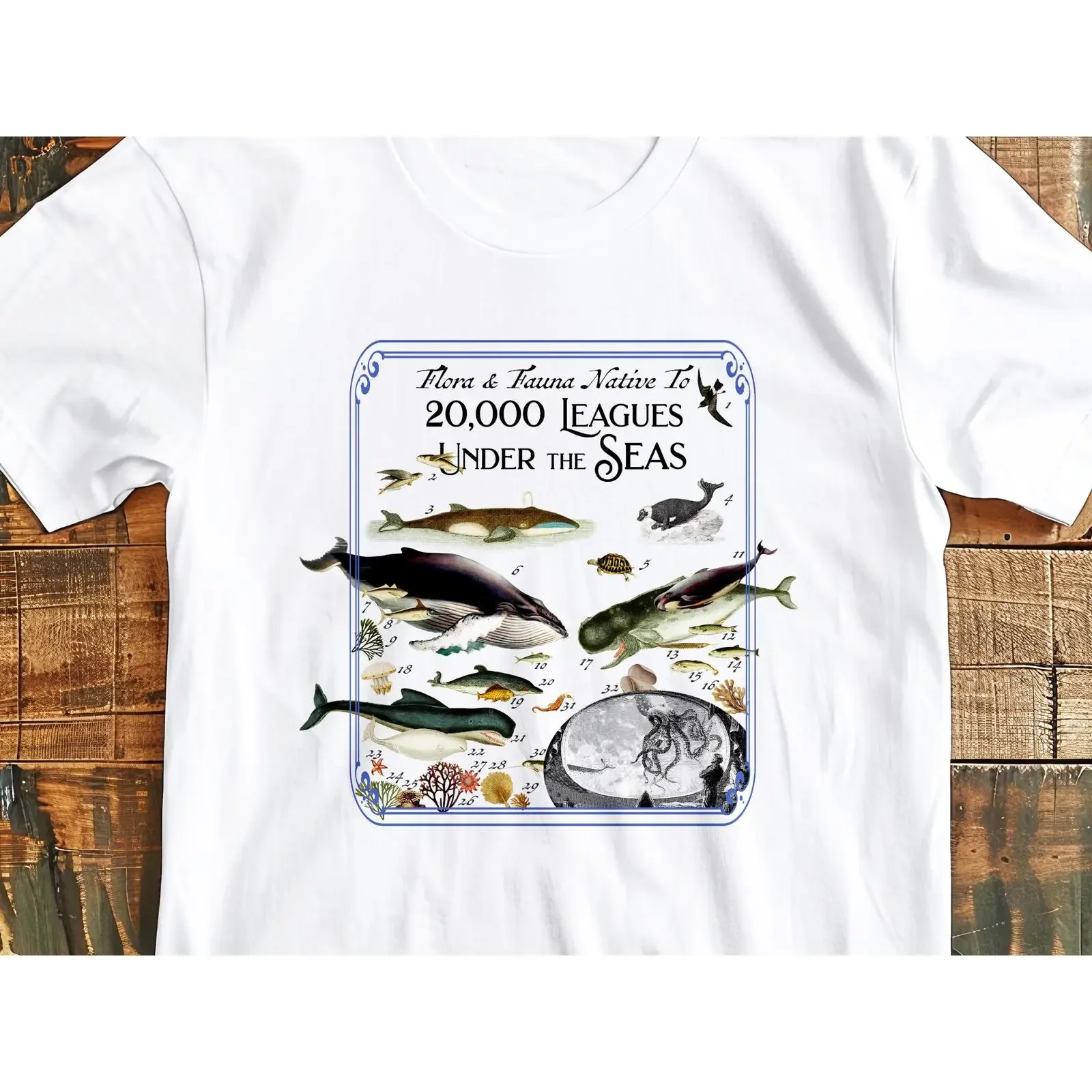 Jules Verne Flora and Fauna T Shirt Vintage Marine Life Collage 20 000 Leagues Under the Seas vintage Washed Unisex Slightly