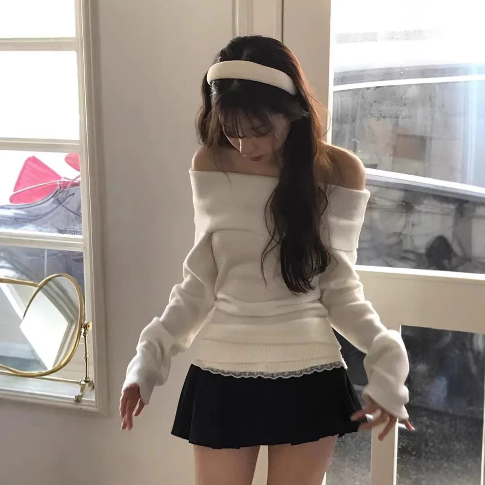 

Women's Knitted One-oulder Lace Pleated Skirt Set Autumn Winter Slimming Two-Piece Casual Sportswear Simple Sle