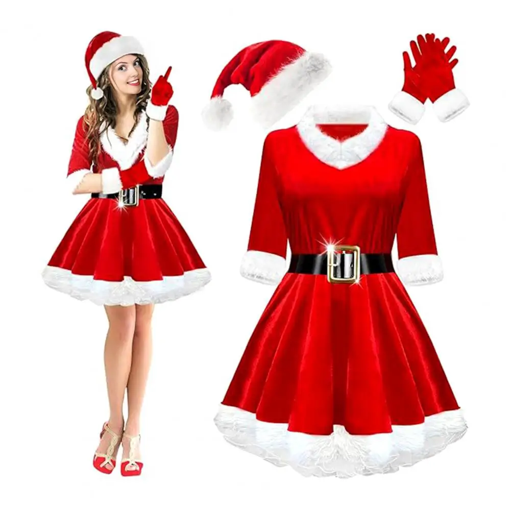 Conjunto de disfraz de señora Claus de 4 piezas para mujer Disfraz de Papá Noel, vestido de Papá Noel de terciopelo para adulto con cinturón, conjunto de guantes y sombrero de Papá Noel para fiesta