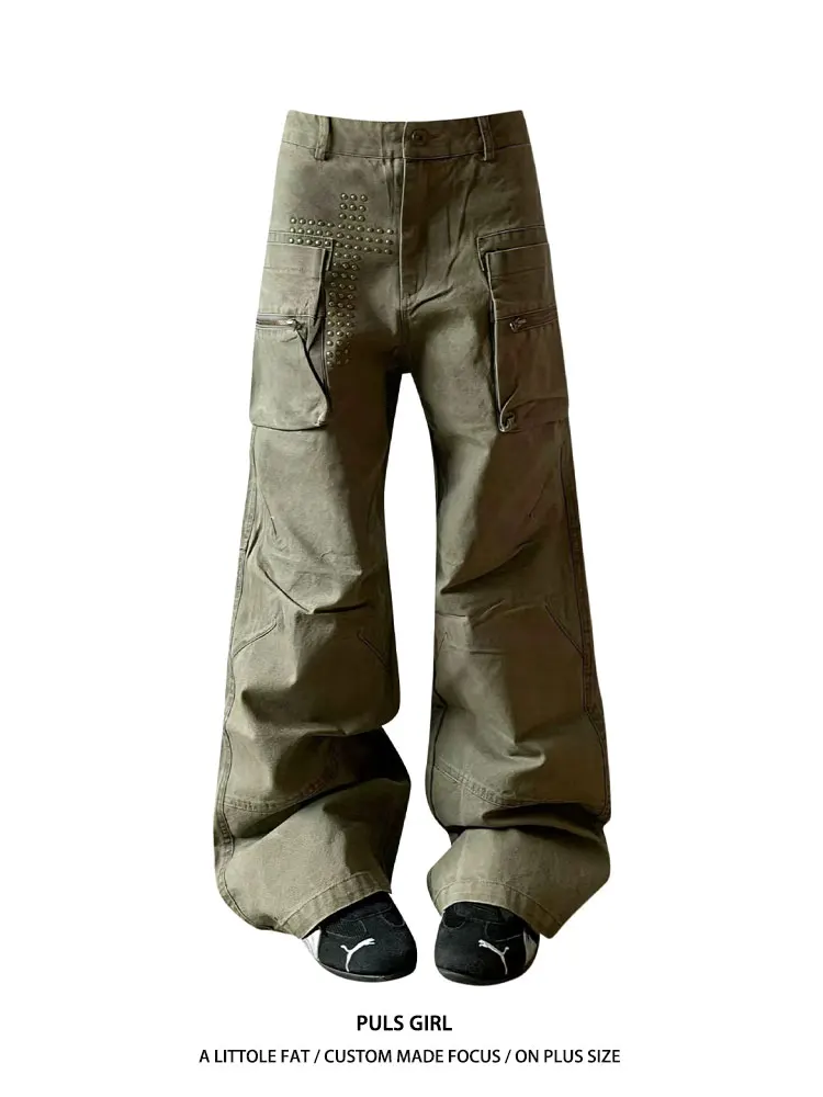 

Loose Wide Leg Jeans Women's Casual High Waist Vintage Washed Cross Rivet Workwear Denim Pants Floor Length Versatile Trousers