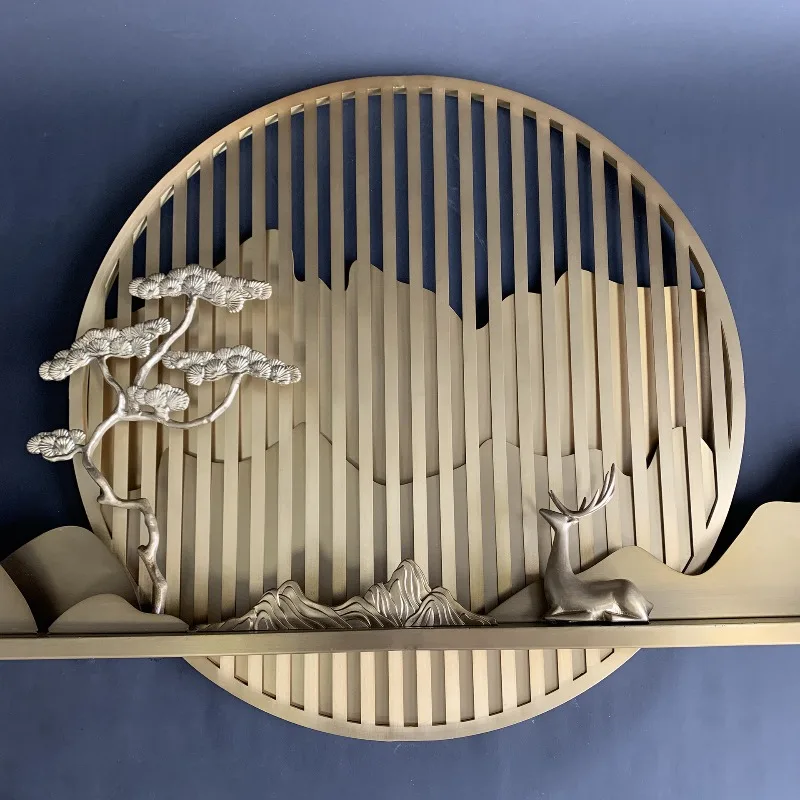 

New Chinese-style living room sofa background wall all-copper decorative pendant tea room entrance wall